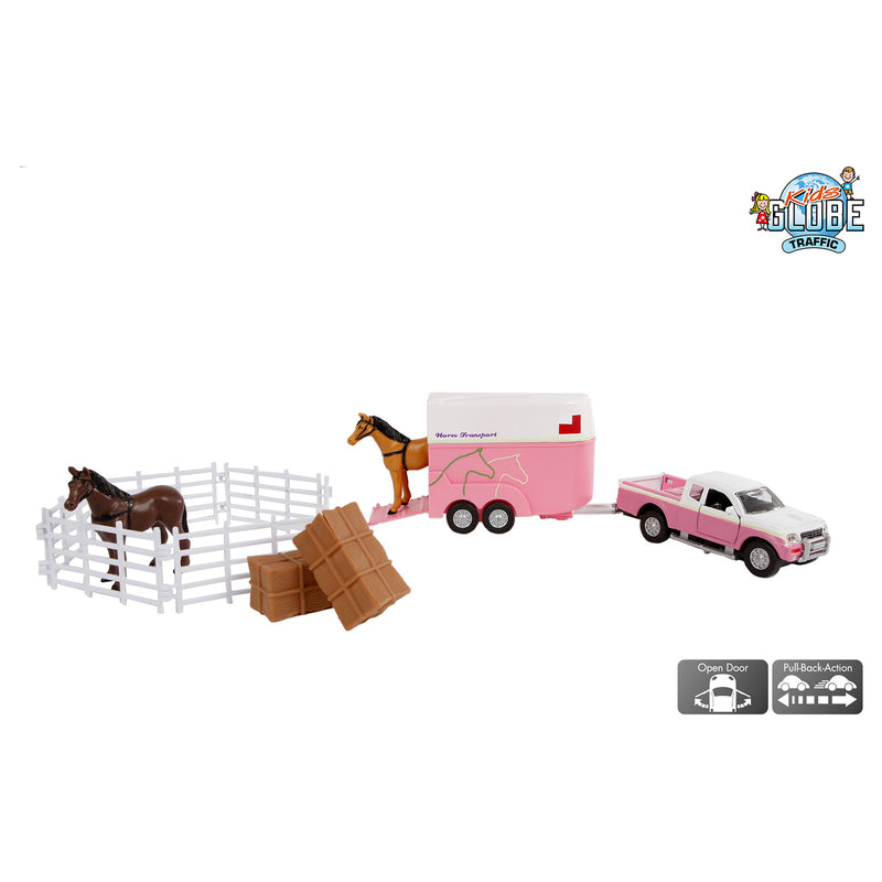 Auto pb Kids Globe Mitsubishi met paardentrailer en accessoires roze: 27 cm (520205) - ToyRunner