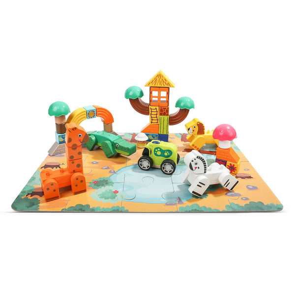 Houten Bouwblokken met Puzzel Safari - ToyRunner