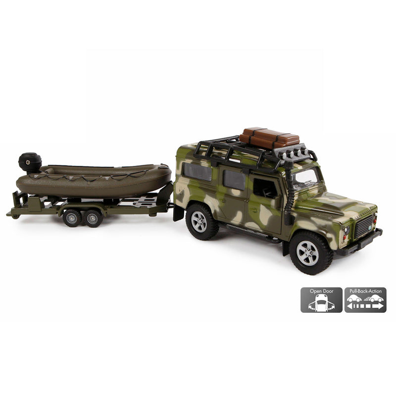 Auto pb Kids Globe Land Rover en aanhanger met boot military - 27 cm - Speelgoedauto Kids Globe - ToyRunner